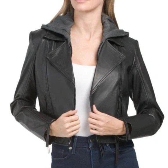 Bod & Christensen Alisson Hooded Leather Moto Biker Jacket Women's XS New NWT - Picture 1 of 4